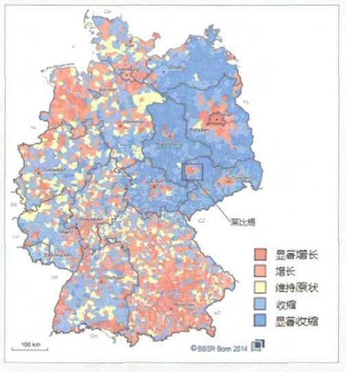 （图为2014年德国各区域人口增减情况，可以看出，莱比锡人口有显著增长）