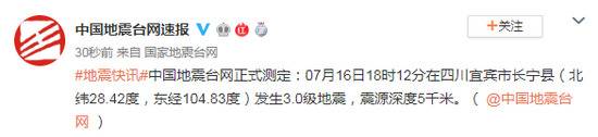 四川宜宾市长宁县发生3.0级地震 震源深度5千米