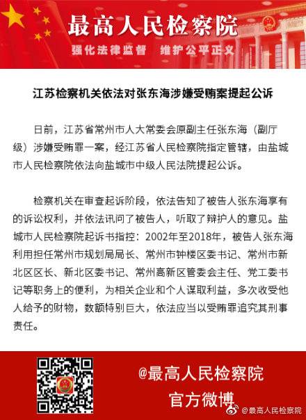 江苏省常州市人大常委会原副主任张东海被公诉