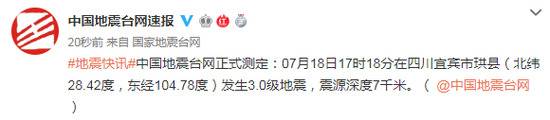 四川宜宾市珙县发生3.0级地震 震源深度7千米