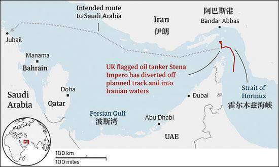 灰色虚线为“史丹纳帝国”号原定路线，红色为改变后路线图自《卫报》