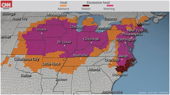 （美国高温示意图。图源：CNN）