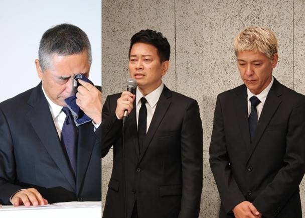 宫迫博之（右图左）与田村亮前日举行记者会道歉爆料，导致社长冈本昭彦（左）今日落泪道歉。