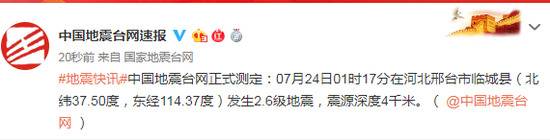 河北邢台市临城县发生2.6级地震 震源深度4千米