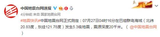 巴坦群岛海域发生5.3级地震 震源深度20千米