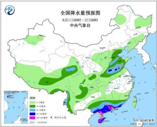 全国降水量预报图（8月1日8时-2日8时）