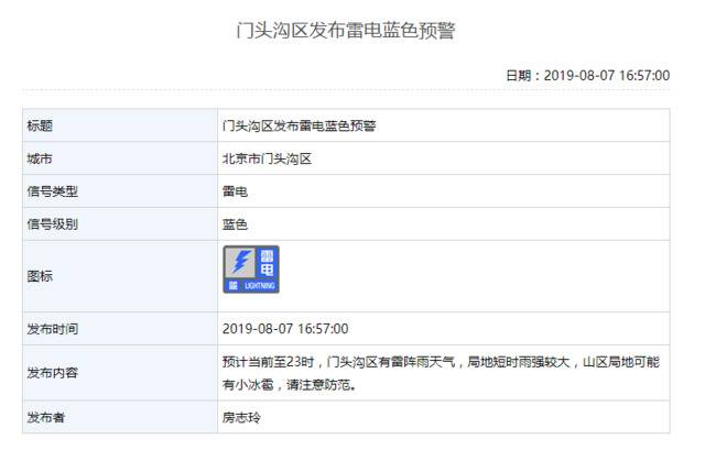 北京房山、门头沟等区发布雷电蓝色预警