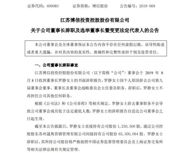 博信股份：董事长罗静辞职，辞职后不再担任公司任何职务