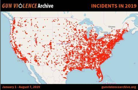  2019年1月1日-8月7日，美国发生近3.4万起枪击案，几乎遍及全美。（图片来源：枪支暴力档案）