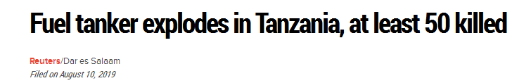 坦桑尼亚油罐车爆炸致57死 多人因收集漏油遇难