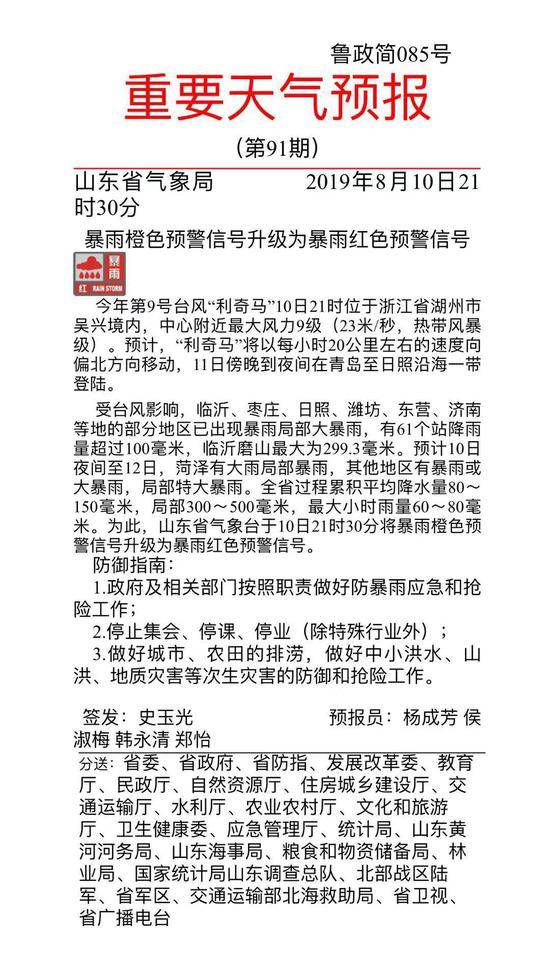 山东省气象台发暴雨红色预警 停课停业和停止集会