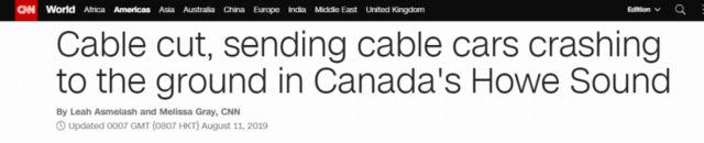 加拿大景区缆车电缆被切断 30多辆缆车从高空坠地