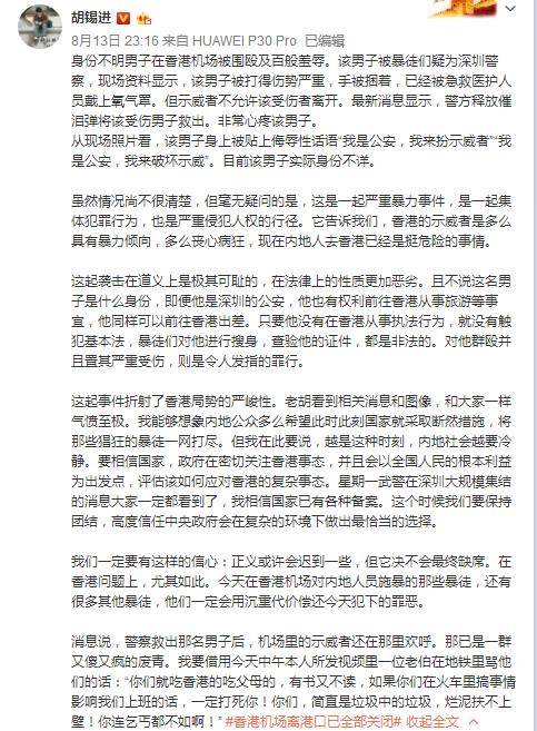 胡锡进:暴徒一定会用沉重代价偿还今天犯下的罪恶