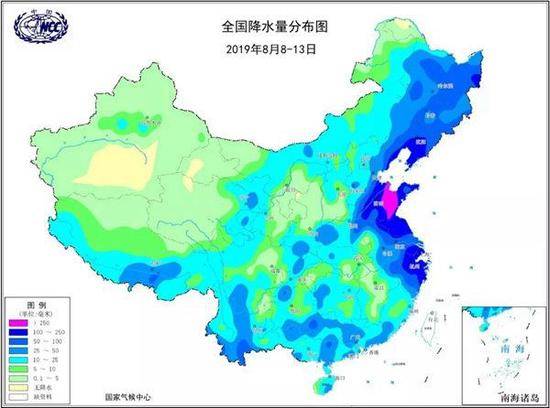 2019年8月8-13日全国降水量分布图