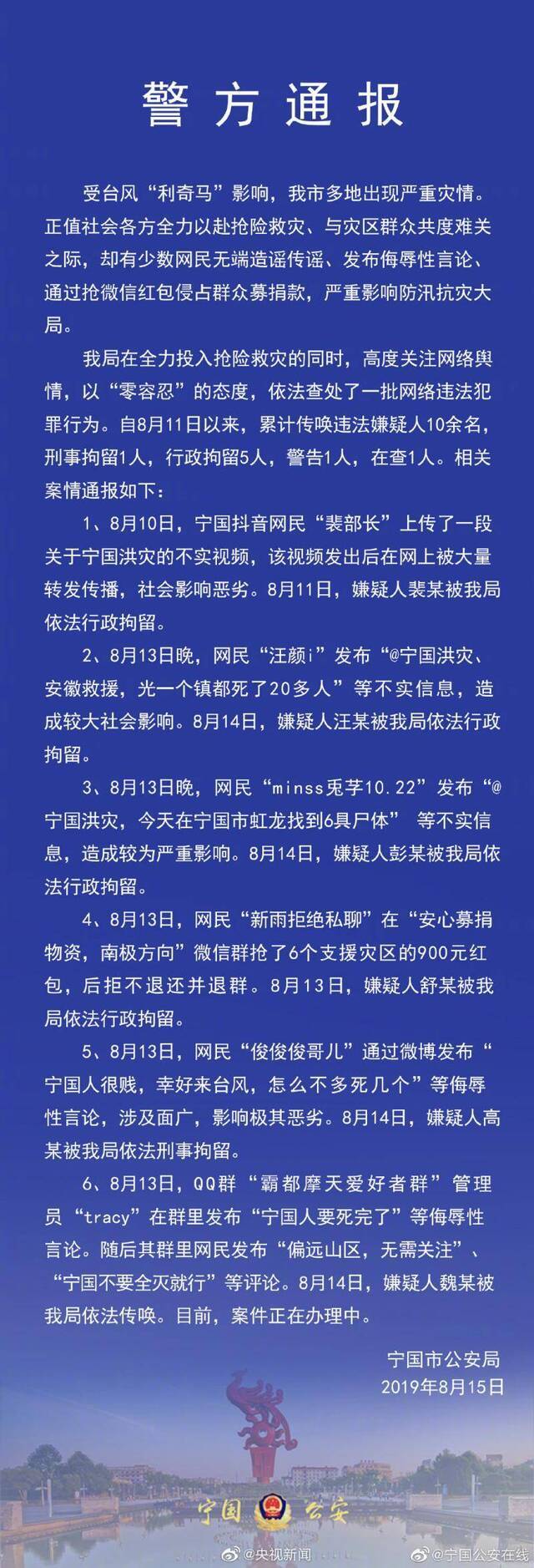 网友微信群抢900元支援灾区的红包拒不退还 被拘