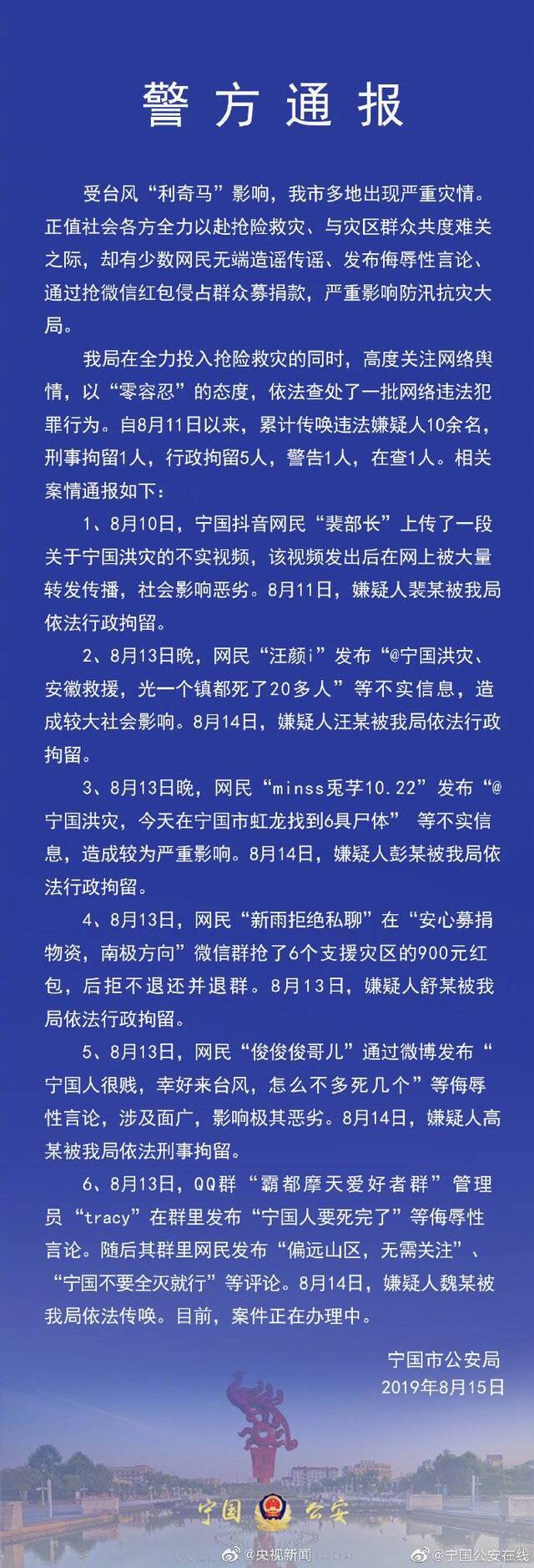 网友微信群抢900元支援灾区的红包拒不退还 被拘