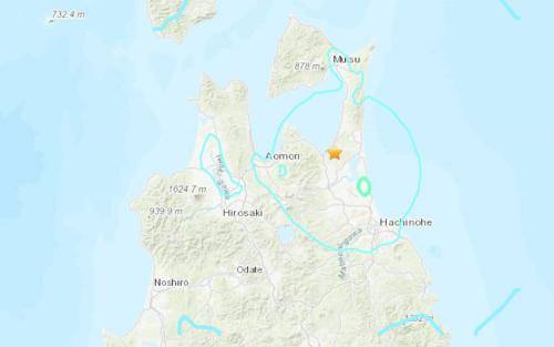 日本青森县发生5.4级地震。（图片来源：美国地质勘探局网站截图）