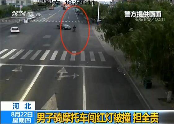 男子骑摩托车“大胆”闯红灯被撞交警：你承担事故全部责任