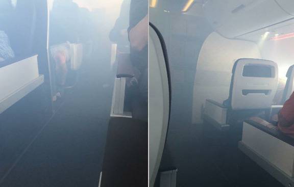 （机舱内烟雾弥漫。图源：推特）