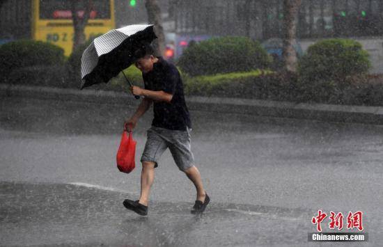 8月25日，受台风“白鹿”影响，厦门遭遇大风暴雨。图为厦门市民在大雨中出行。中新社记者张斌摄