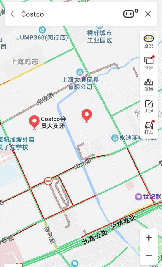 中午12时许，百度地图显示，Costco门店周边道路大部分区域为红色拥堵。