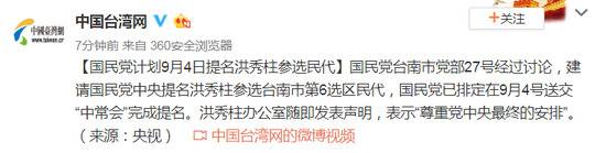国民党计划9月4日提名洪秀柱参选民代