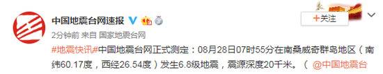 南桑威奇群岛地区发生6.8级地震 震源深度20千米