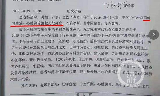 晋中市二院出具的病例流程记录显示，杨超宇8月21日“因低钾血症、心脏骤停抢救无效死亡”。受访者供图。