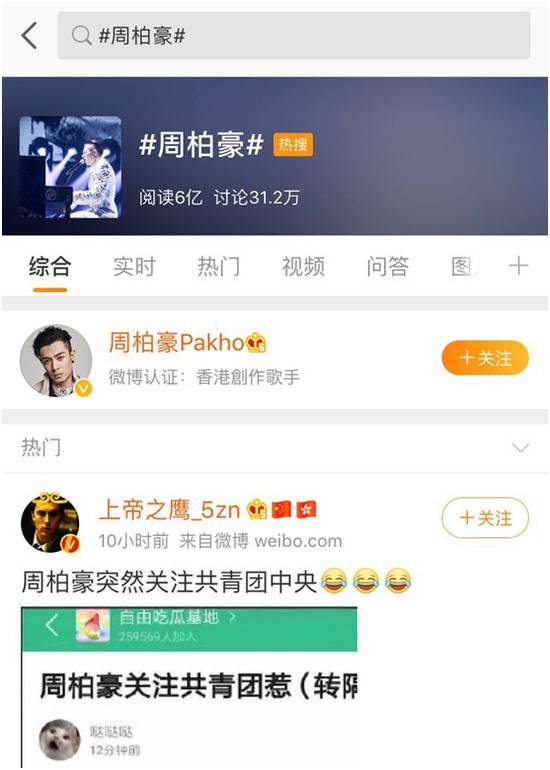 周柏豪关注共青团又上热搜 被调侃“求生欲超强”