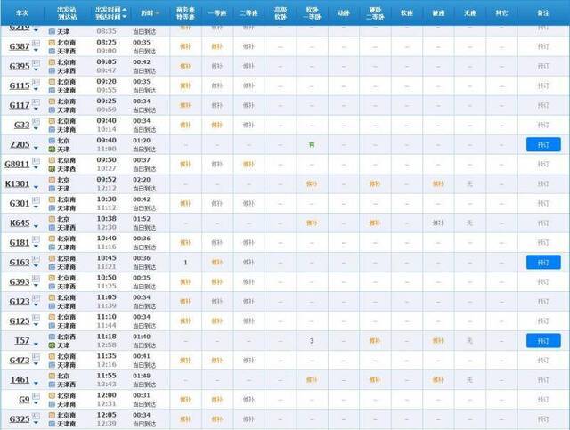 9月13日北京-天津火车票部分余票情况图片来源：12306官网