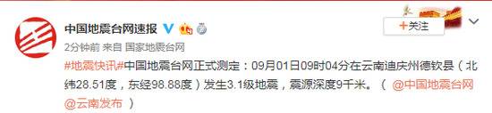 云南迪庆州德钦县发生3.1级地震 震源深度9千米