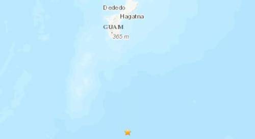太平洋关岛南部附近海域发生5.0级地震。（图片来源：美国地质勘探局网站截图）