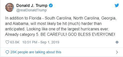当地时间9月1日，美国总统特朗普在社交媒体上发文称：“除佛罗里达外，南卡罗莱纳、北卡罗莱纳、乔治亚州和阿拉巴马州很可能受到比预期严重得多的打击……小心！上帝保佑每个人！”图片来源：社交网站截图。