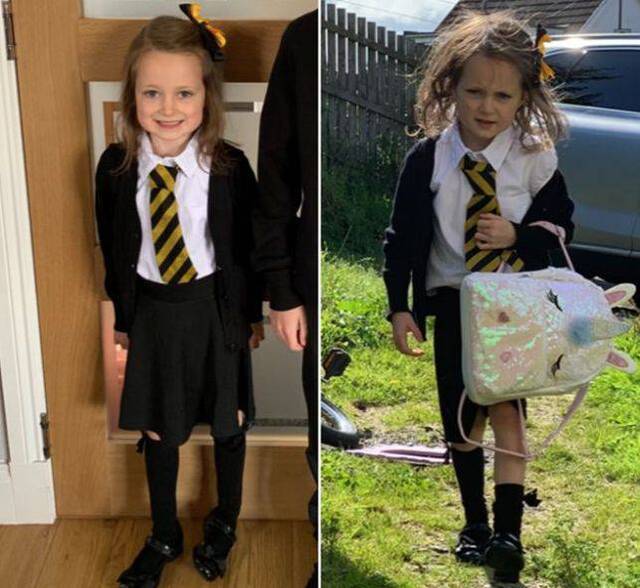 英国家长Jill在社交媒体上传女儿上学前后照片