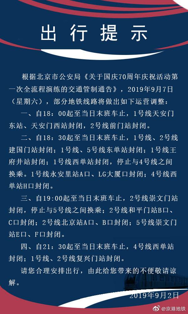 9月7日建国门、西单、东单等多个地铁站分时段封闭