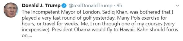 打高尔夫遭伦敦市长嘲讽 特朗普：奥巴马还会飞夏威夷打呢