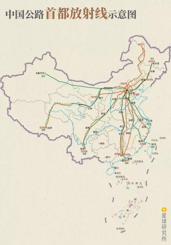 首都放射线示意图，G112为北京环线，特例；绿线为高速，红线为普通国道；制图@风沉郁/星球研究所