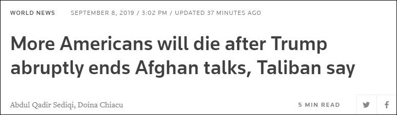 塔利班说，特朗普突然取消阿富汗谈判后，更多的美国人会死路透社