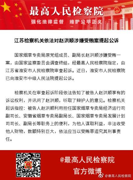 国家烟草专卖局原副局长赵洪顺被提起公诉(图)