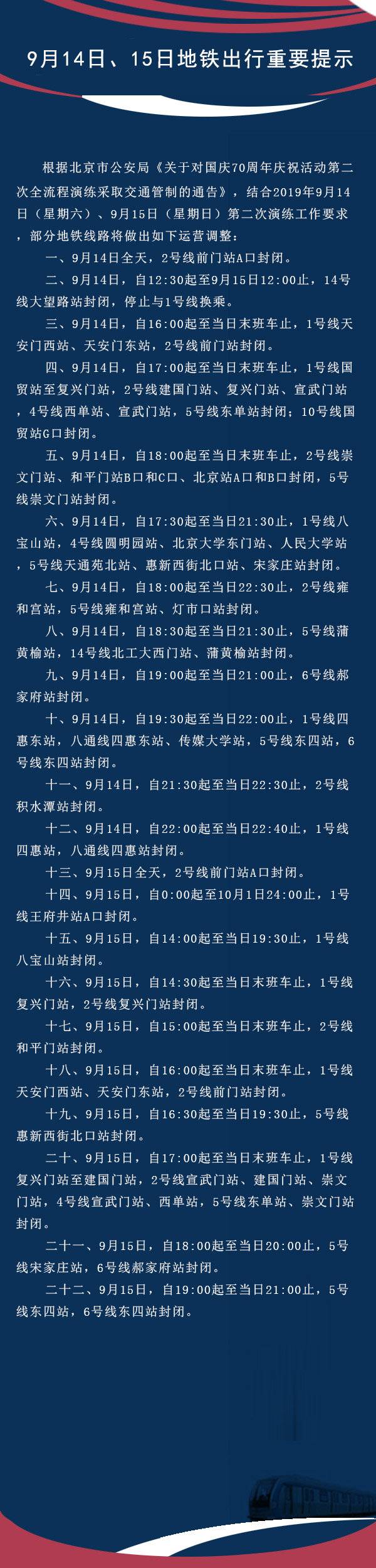 9月14日、15日北京地铁多条线路运营调整