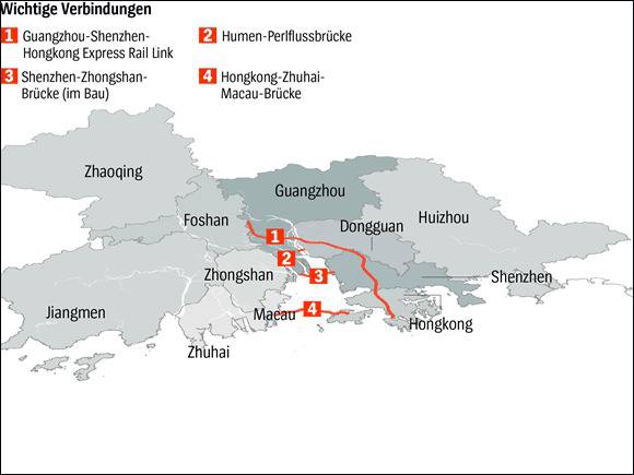 珠三角地区的四条重要的交通干线：1广深港高铁 2虎门大桥 3深圳中山大桥（在建） 4港珠澳大桥