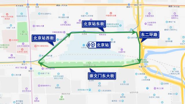 交通管制期间，北京站周边车辆绕路线示意图。