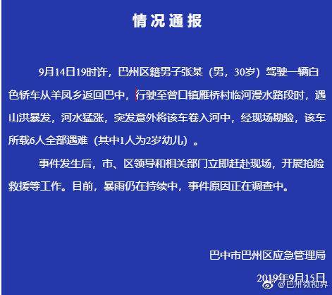 四川巴中一轿车遇山洪被卷河中 车上6人全部遇难