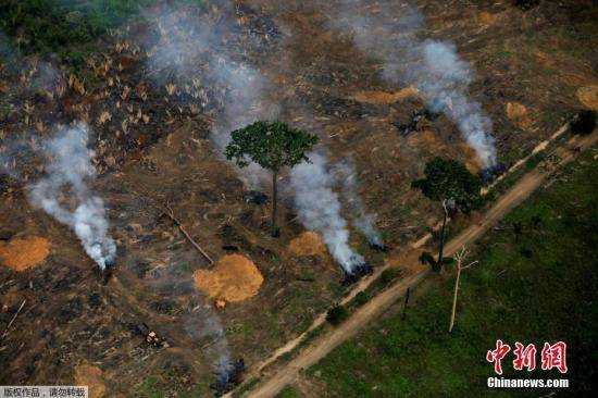 当地时间2019年9月17日，巴西波多韦柳，亚马孙雨林大火持续，浓烟滚滚。