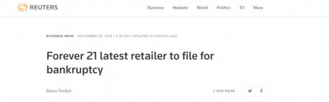 时装零售商Forever 21申请破产保护 将在全球重组