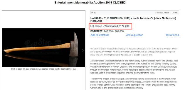 闪灵》道具斧头以17万2200英镑（约合150万人民币）的价格被拍卖