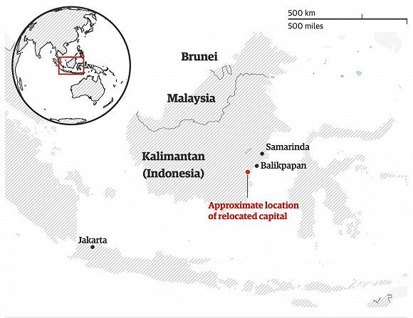 红点为印尼新首都的选址。图片来源：卫报