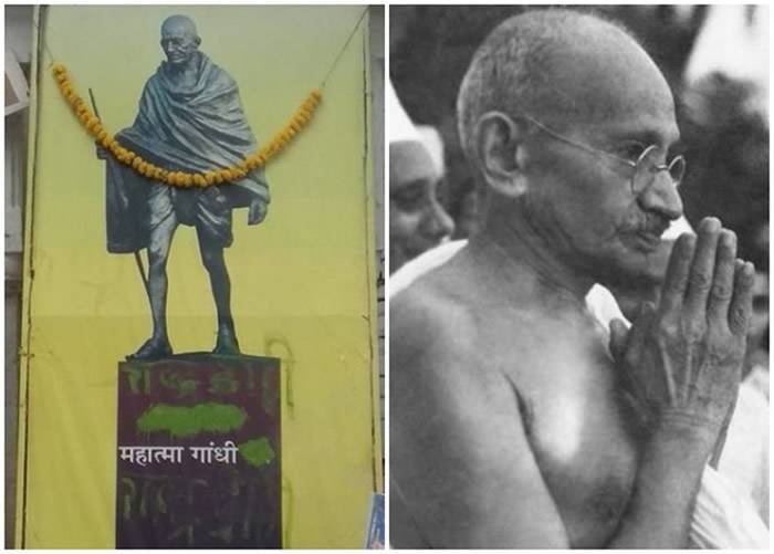 甘地（右图）的海报（左图）被涂污。
