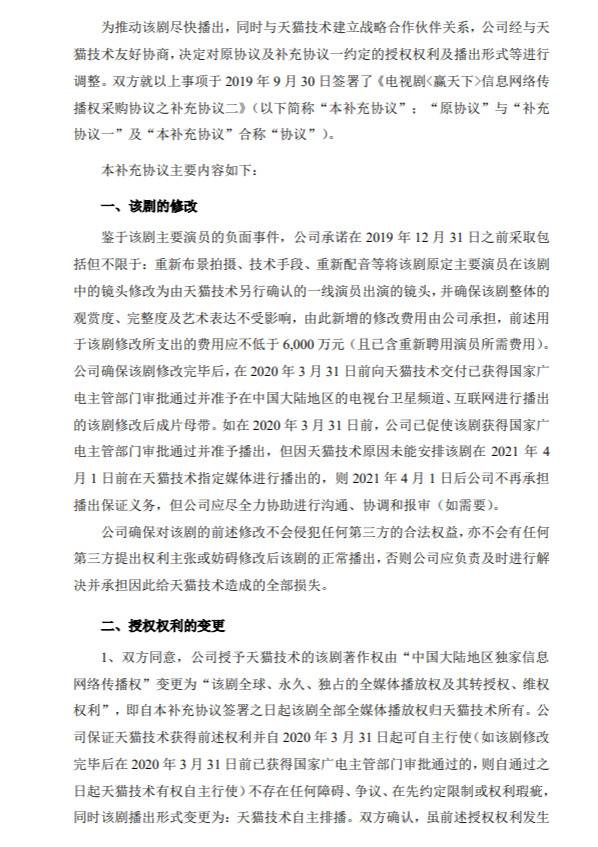 唐德影视公布了《关于签署重大合同补充协议的公告》