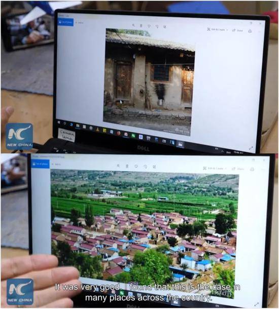 ▲潘维廉展示两次旅行拍摄的照片。（新华社报道截图）